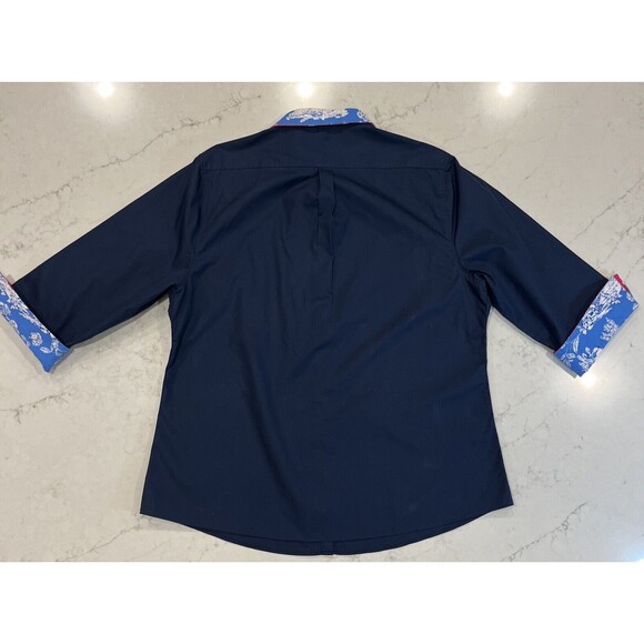 Pearly Vine Shirt Womens XL Navy Button Up 3/4 Sleeve Contrasting Trim Flip Cuff - Picture 3 of 8